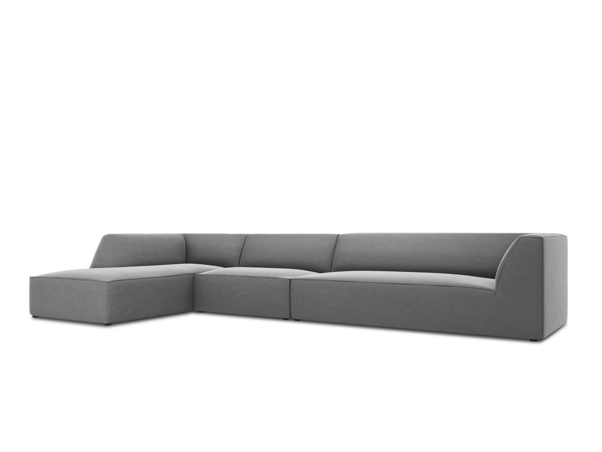 Beige-Salvador Samt Ecksofa links mit Récamiere, schwarzen Kunststoffbeinen und modularem Aufbau, Cosmopolitan Design Siena Serie.