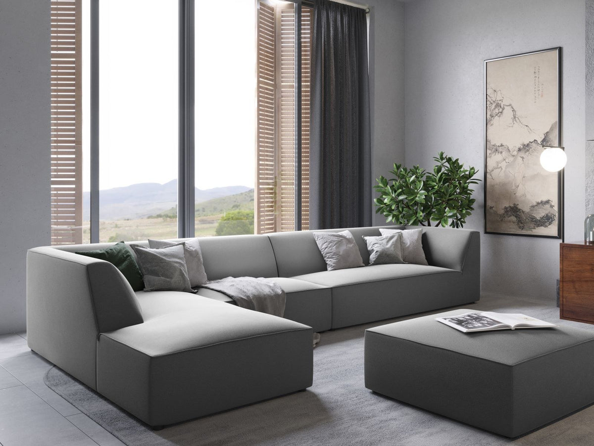 Beige-Salvador Samt Ecksofa links mit Récamiere, schwarzen Kunststoffbeinen und modularem Aufbau, Cosmopolitan Design Siena Serie.
