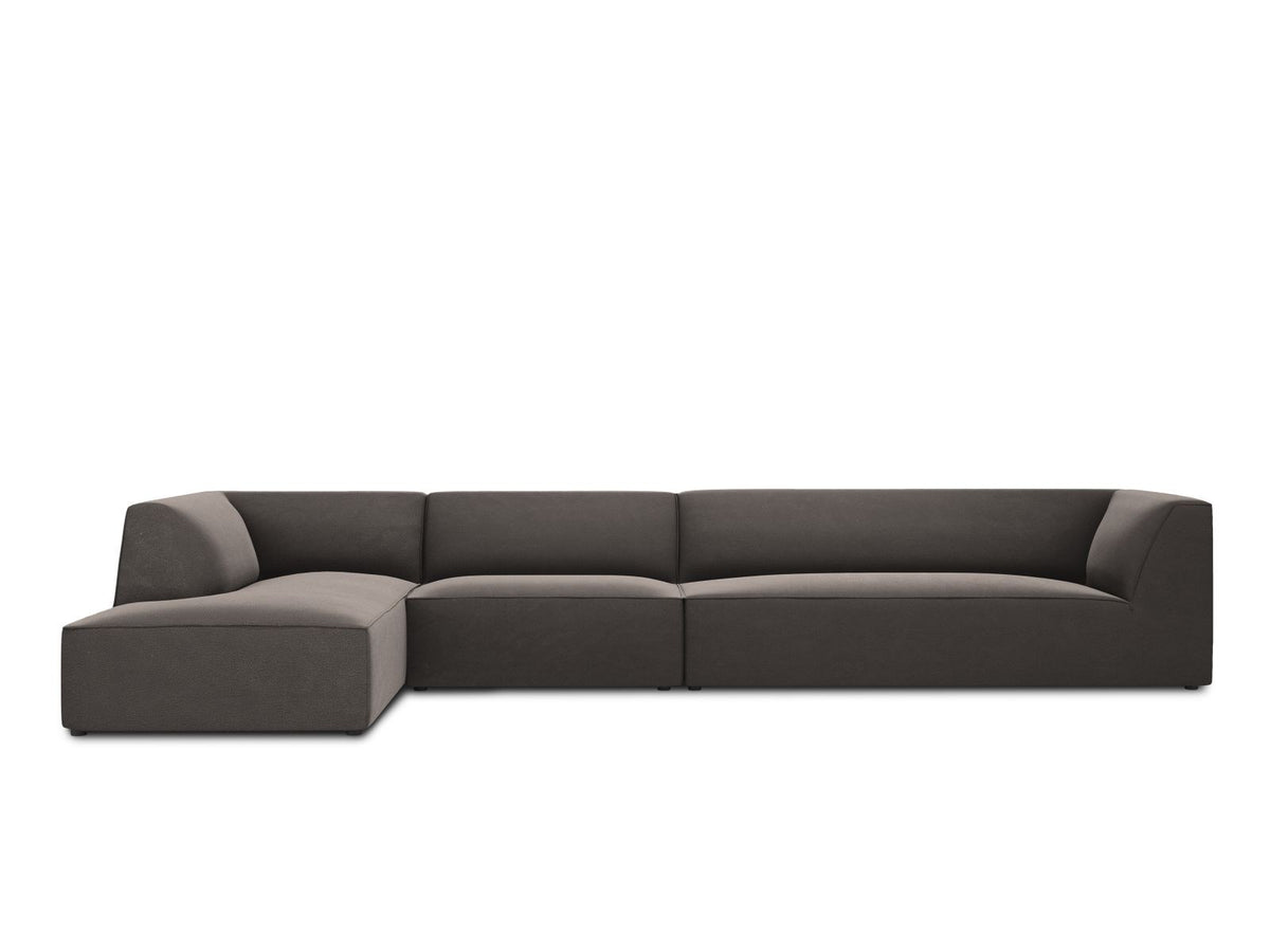 Beige-Salvador Samt Ecksofa links mit Récamiere, schwarzen Kunststoffbeinen und modularem Aufbau, Cosmopolitan Design Siena Serie.