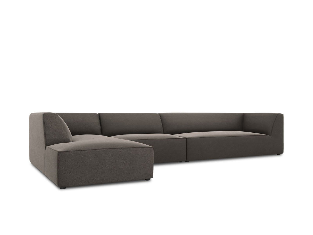 Beige-Salvador Samt Ecksofa links mit Récamiere, schwarzen Kunststoffbeinen und modularem Aufbau, Cosmopolitan Design Siena Serie.