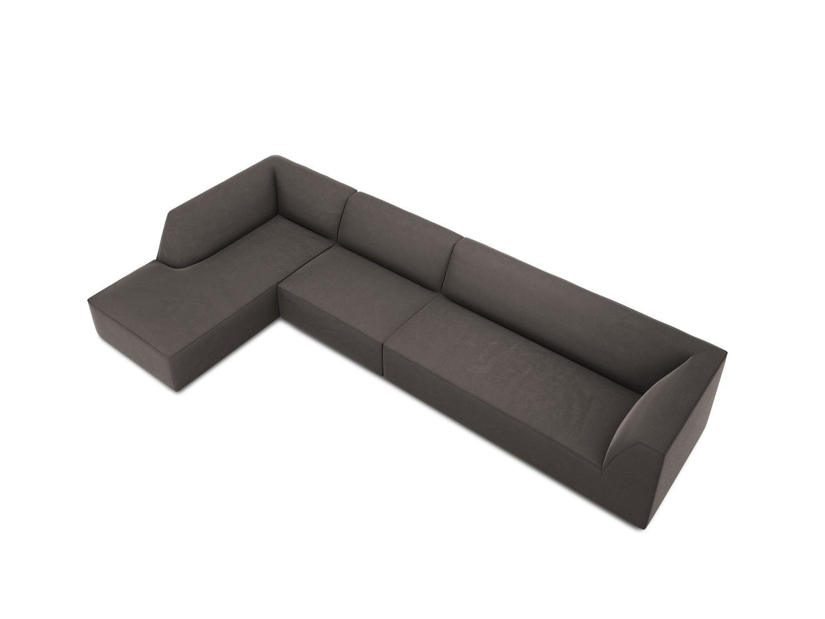 Beige-Salvador Samt Ecksofa links mit Récamiere, schwarzen Kunststoffbeinen und modularem Aufbau, Cosmopolitan Design Siena Serie.