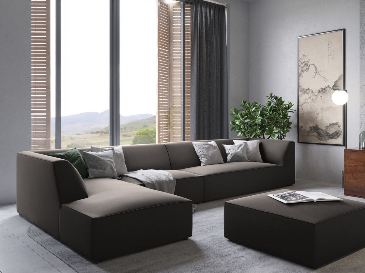 Beige-Salvador Samt Ecksofa links mit Récamiere, schwarzen Kunststoffbeinen und modularem Aufbau, Cosmopolitan Design Siena Serie.