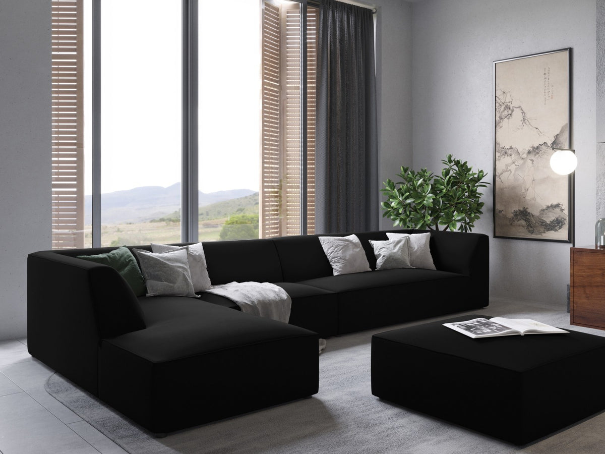Beige-Salvador Samt Ecksofa links mit Récamiere, schwarzen Kunststoffbeinen und modularem Aufbau, Cosmopolitan Design Siena Serie.