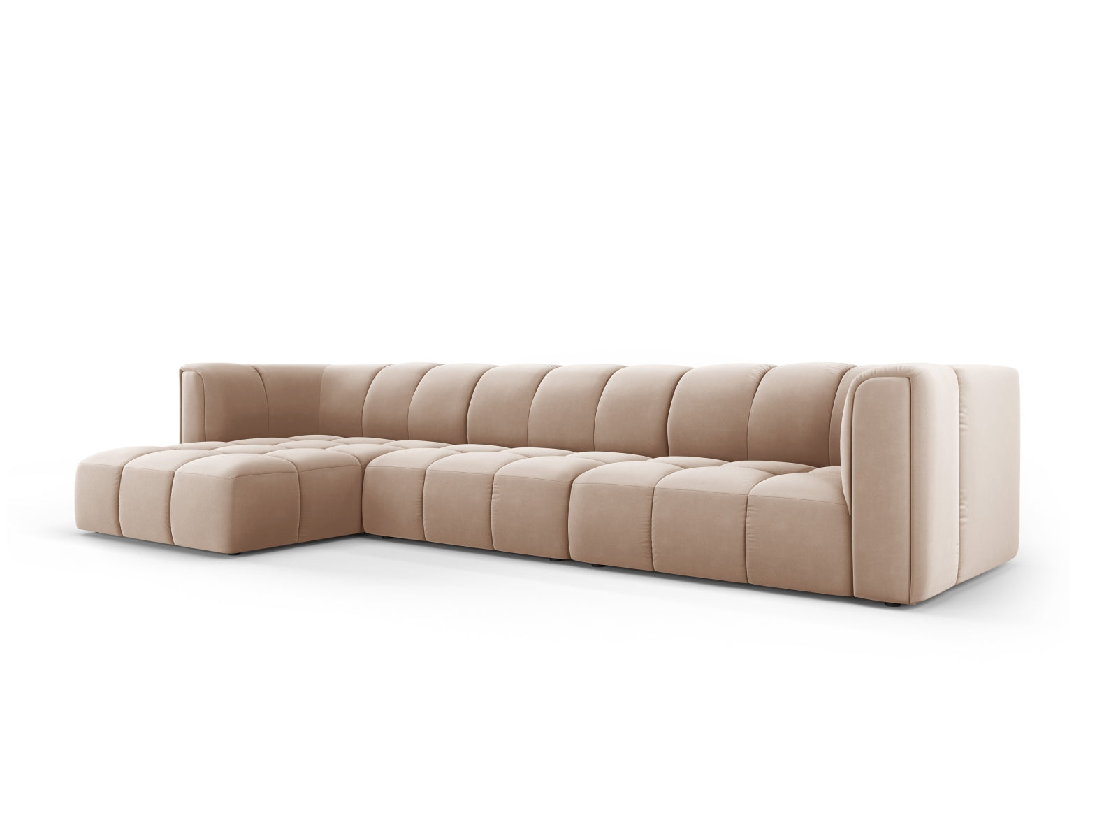 Beige-blaues 5-Sitzer Ecksofa Moritz von Cosmopolitan Design, modern und stilvoll, ideal für gemütliche Wohnzimmer.