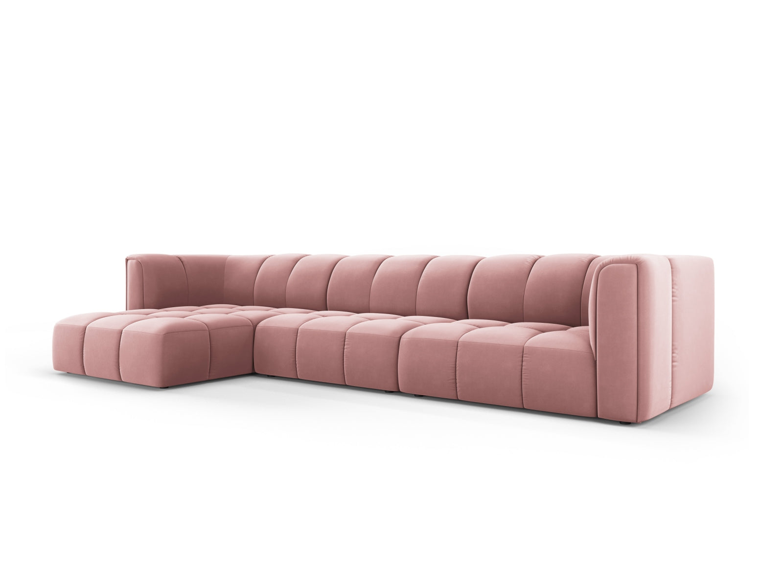 Stylisches 5-Sitzer Ecksofa Moritz in Pink-Bluvel, ideal für moderne Wohnräume, präsentiert von Cosmopolitan Design.