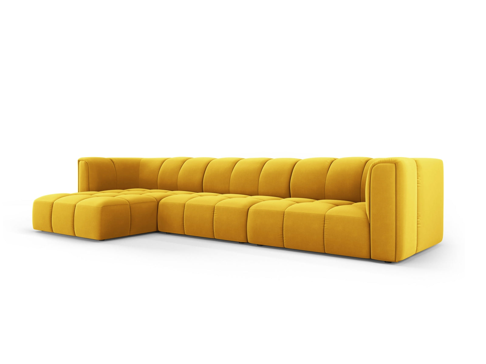 Modulares 5-Sitzer Ecksofa links Moritz in stilvollem Yellow-Bluvel, ideal für moderne Wohnräume, präsentiert von Cosmopolitan Design.
