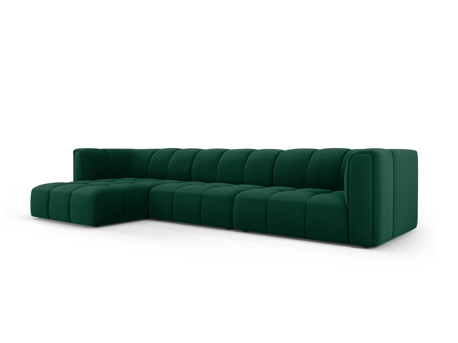 Elegantes 5-Sitzer Ecksofa Moritz in Bottle Green-Bluvel, ideal für stilvolle Wohnräume, präsentiert von Cosmopolitan Design.