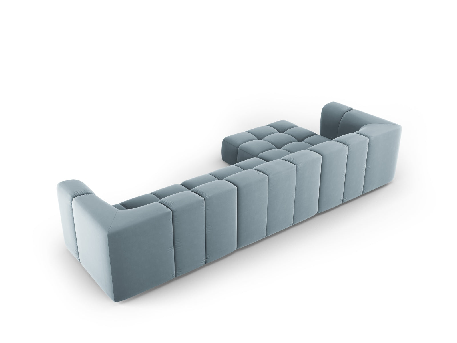 Elegantes 5-Sitzer Ecksofa Moritz in zartem Hellblau, perfekt für entspannte Stunden und stilvolle Einrichtungsideen.