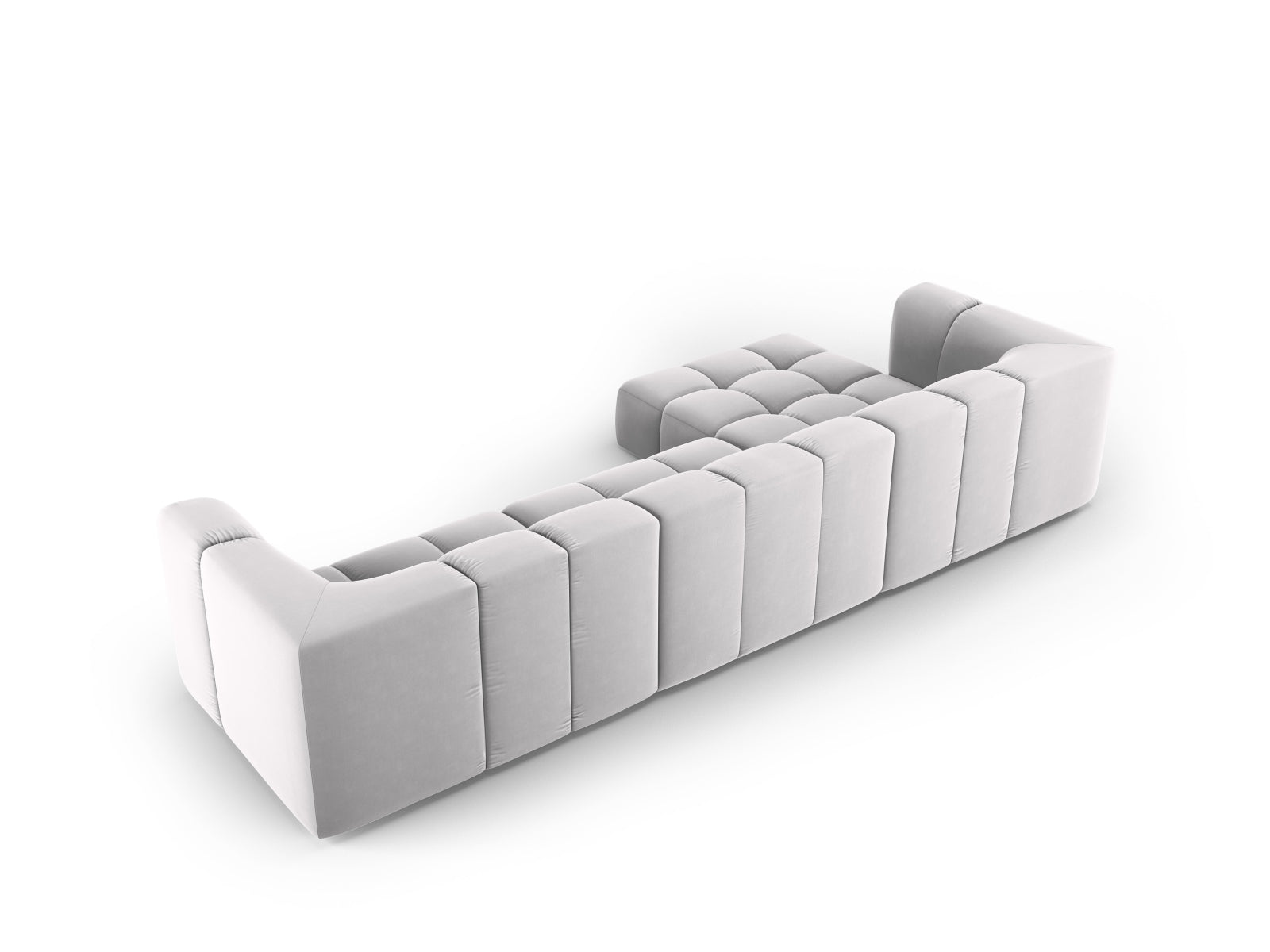 Modulares 5-Sitzer Ecksofa Moritz in edlem Silver-Bluvel, perfekt für gemütliche und moderne Wohnlandschaften von Cosmopolitan Design.