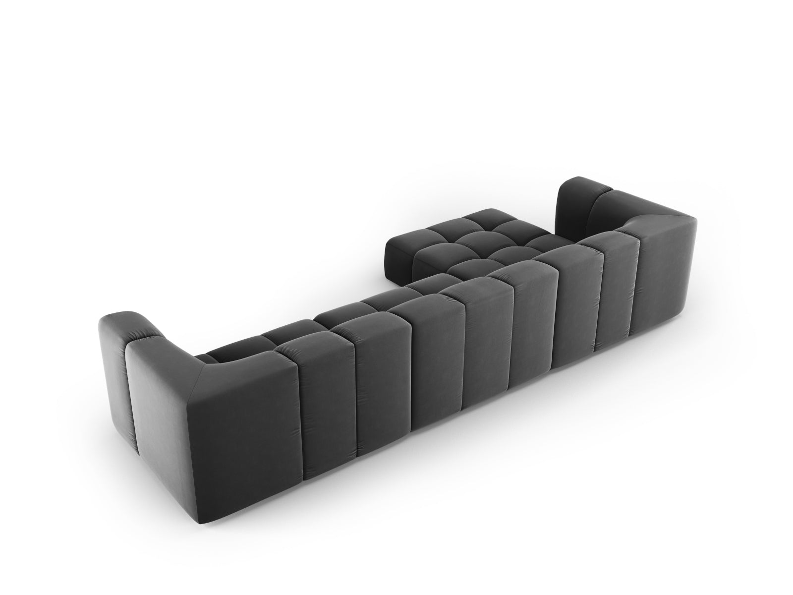 Modulares 5-Sitzer Ecksofa Moritz in Grau-Bluvel, perfekt für stilvolle Wohnzimmer, bietet Komfort und modernes Design von Cosmopolitan.