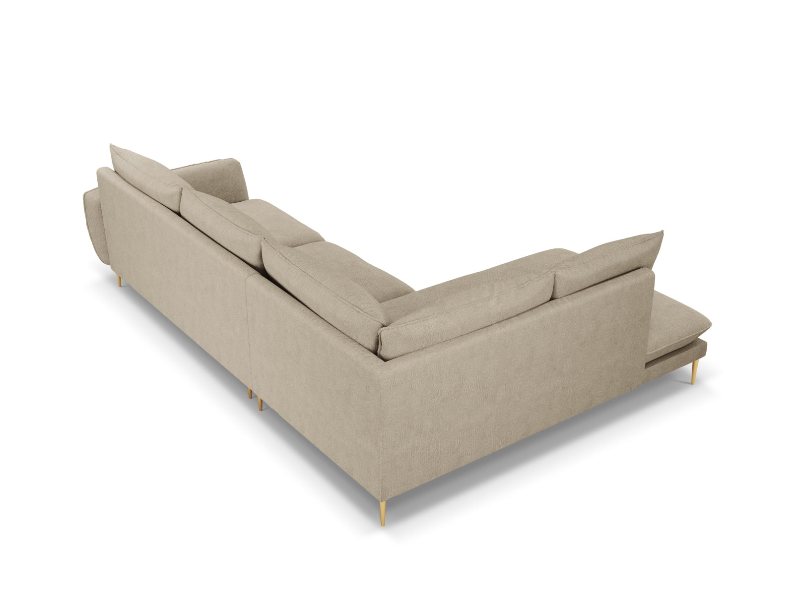 Elegantes, beiges Ecksofa mit goldenen Akzenten, 6 Sitzer, 185 cm, ideal für stilvolle Wohnräume von Cosmopolitan Design.