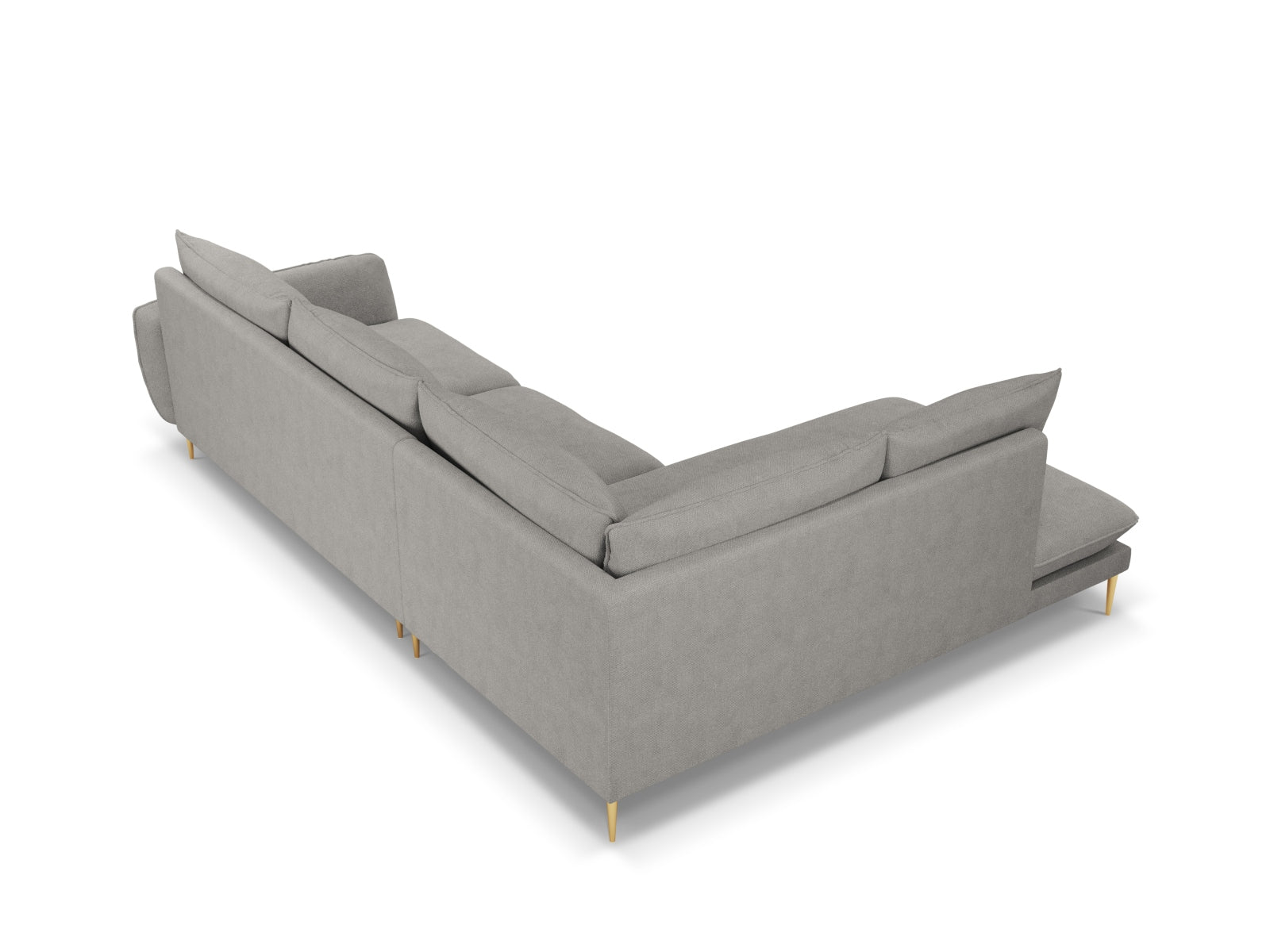 Elegantes Vienna Ecksofa links in hellem Grau mit goldenen Akzenten, perfekt für gesellige Abende und stilvolle Einrichtung. Platz für 6 Personen.