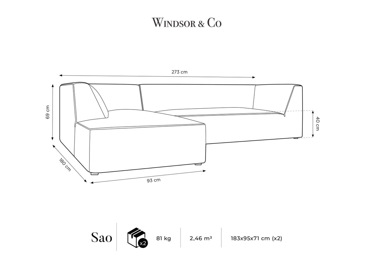 Modulares Ecksofa Siena links, 4-Sitzer, Light Beige-Scala Stoff, Massivholzrahmen, schwarze Kunststoffbeine, Sitzhöhe 40 cm.