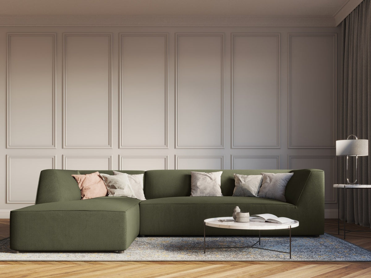 Modulares Ecksofa Siena links, 4-Sitzer, Light Beige-Scala Stoff, Massivholzrahmen, schwarze Kunststoffbeine, Sitzhöhe 40 cm.