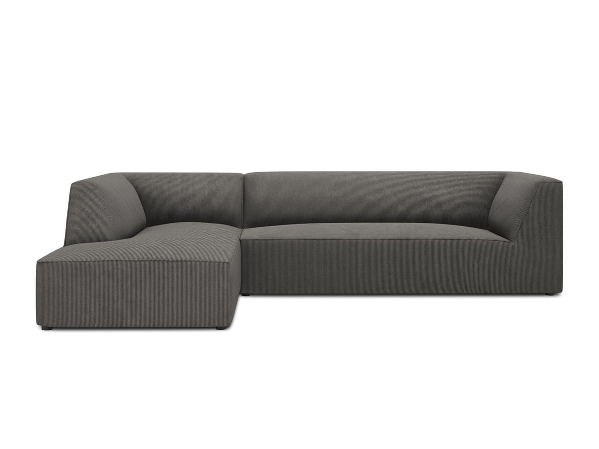 Modulares Ecksofa Siena links, 4-Sitzer, Light Beige-Scala Stoff, Massivholzrahmen, schwarze Kunststoffbeine, Sitzhöhe 40 cm.
