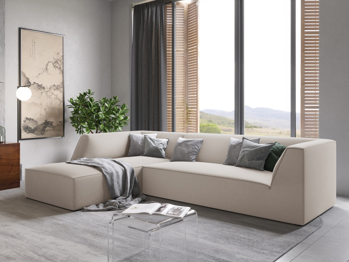 Modulares Ecksofa links in Beige-Salvador Samtstoff, schwarze Kunststoffbeine, Récamiere und gepolsterte Rückenlehne, 4-Sitzer, 180cm Breite.