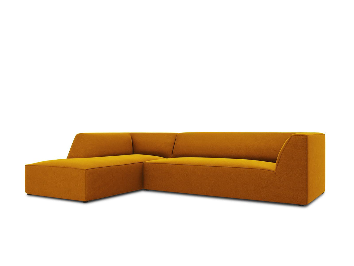 Modulares Ecksofa links in Beige-Salvador Samtstoff, schwarze Kunststoffbeine, Récamiere und gepolsterte Rückenlehne, 4-Sitzer, 180cm Breite.