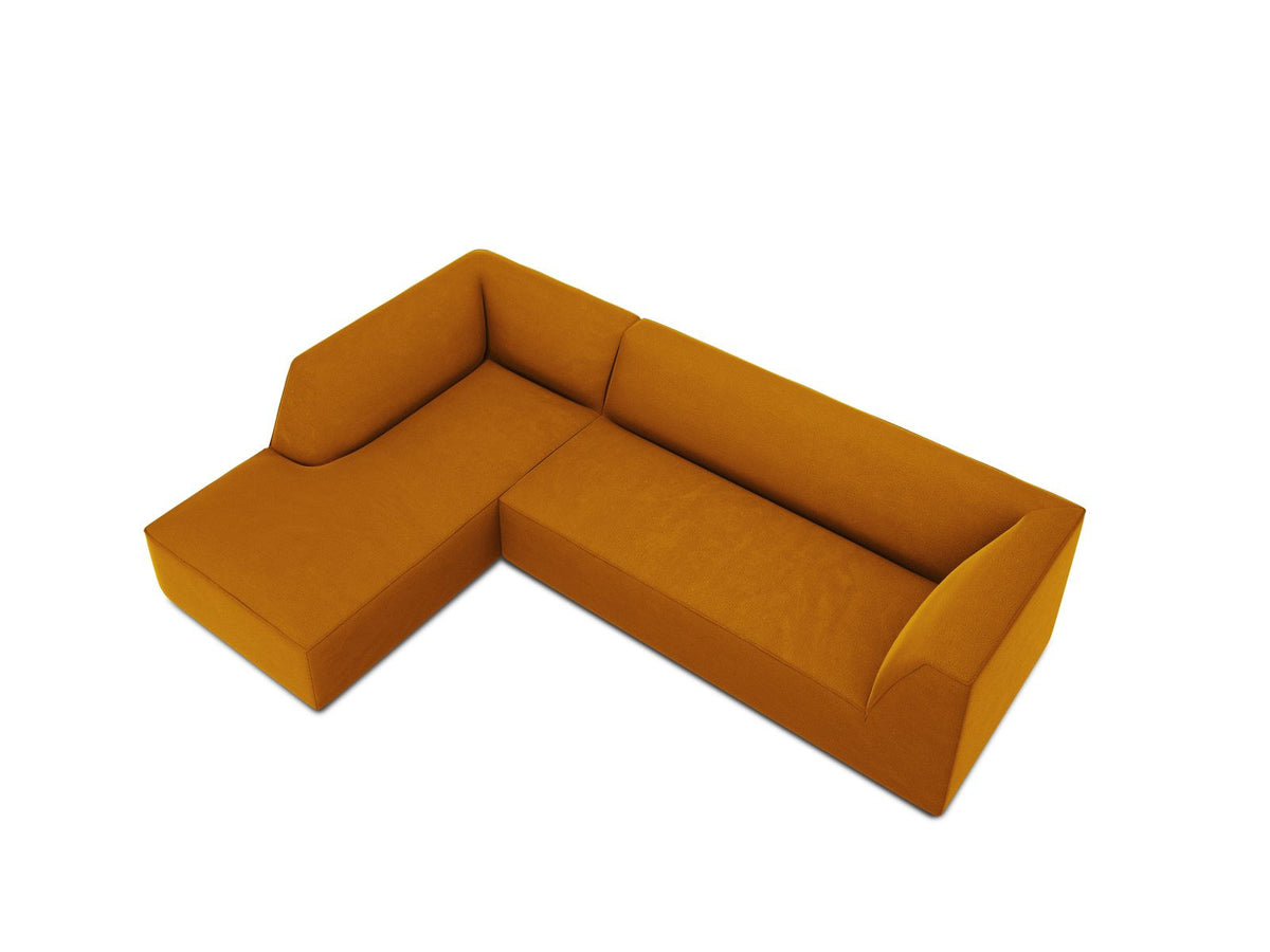 Modulares Ecksofa links in Beige-Salvador Samtstoff, schwarze Kunststoffbeine, Récamiere und gepolsterte Rückenlehne, 4-Sitzer, 180cm Breite.