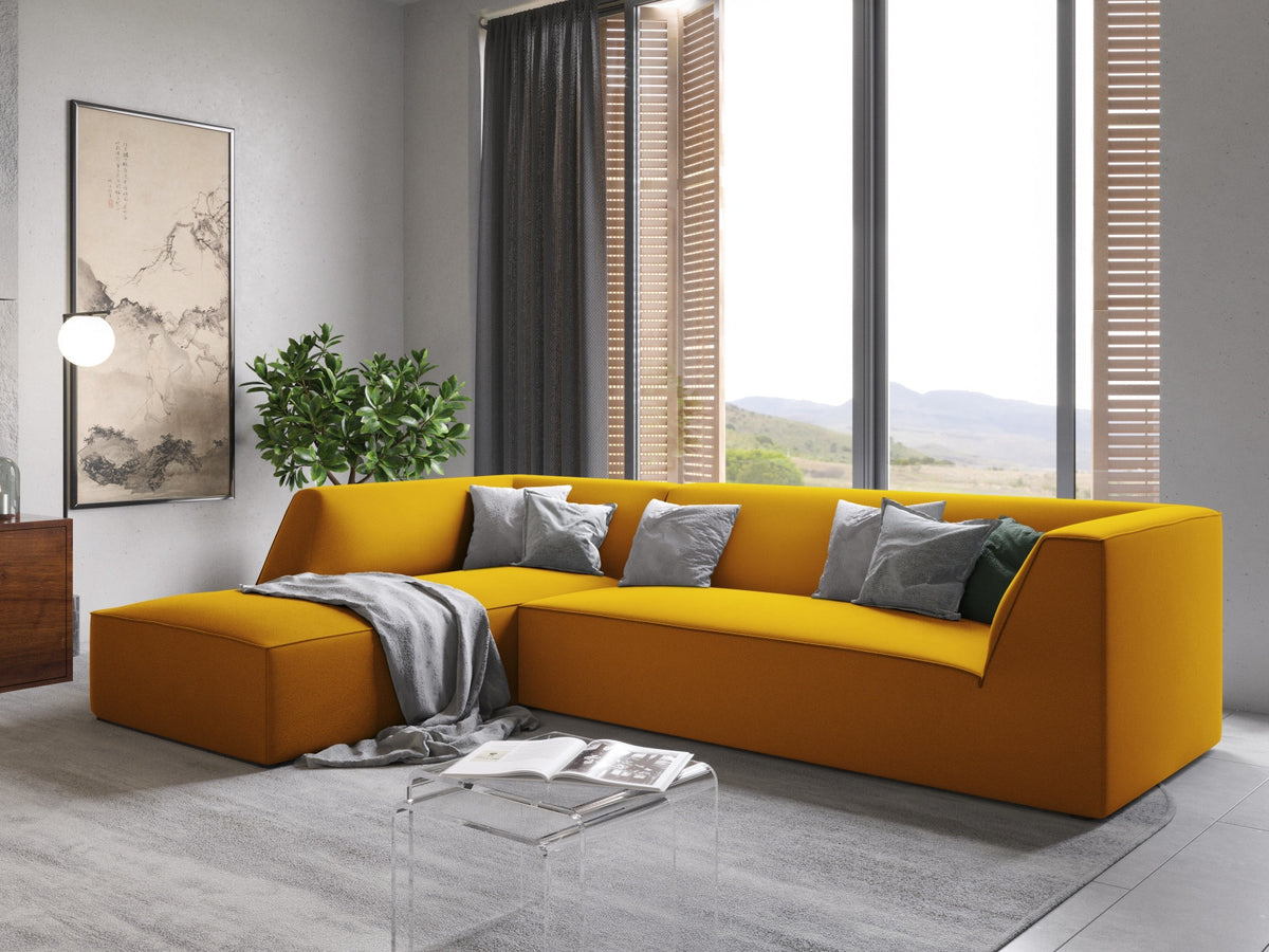 Modulares Ecksofa links in Beige-Salvador Samtstoff, schwarze Kunststoffbeine, Récamiere und gepolsterte Rückenlehne, 4-Sitzer, 180cm Breite.