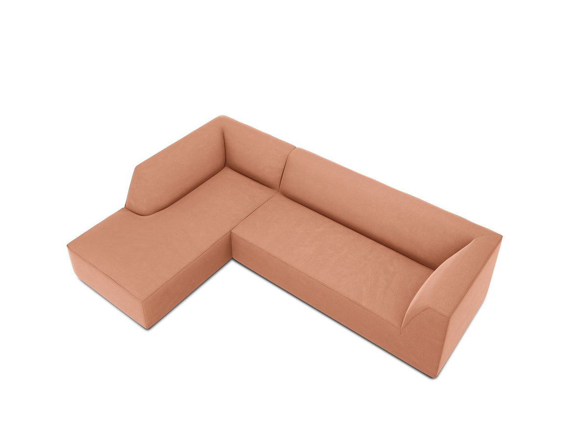 Modulares Ecksofa links in Beige-Salvador Samtstoff, schwarze Kunststoffbeine, Récamiere und gepolsterte Rückenlehne, 4-Sitzer, 180cm Breite.