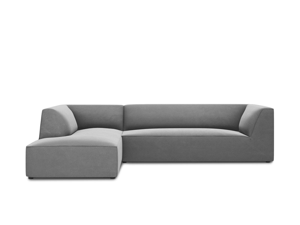 Modulares Ecksofa links in Beige-Salvador Samtstoff, schwarze Kunststoffbeine, Récamiere und gepolsterte Rückenlehne, 4-Sitzer, 180cm Breite.