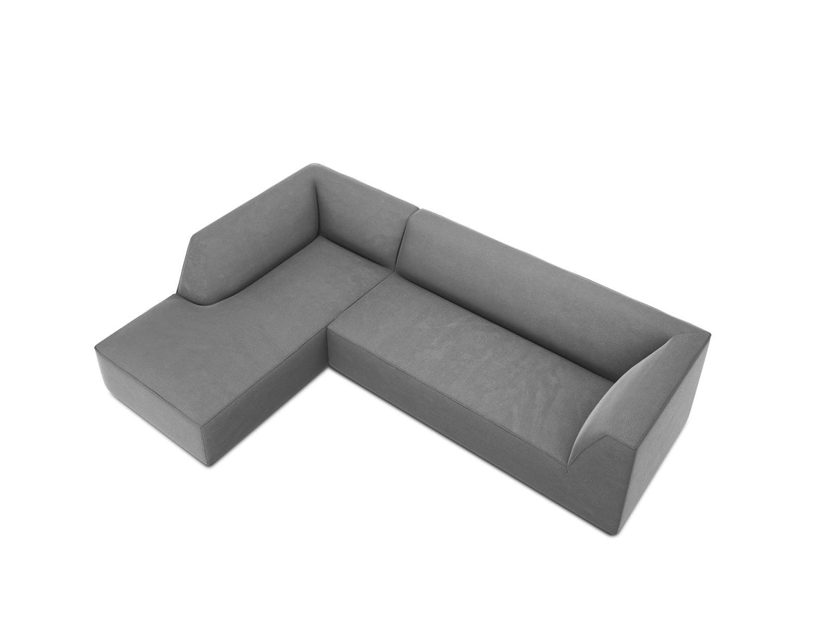 Modulares Ecksofa links in Beige-Salvador Samtstoff, schwarze Kunststoffbeine, Récamiere und gepolsterte Rückenlehne, 4-Sitzer, 180cm Breite.