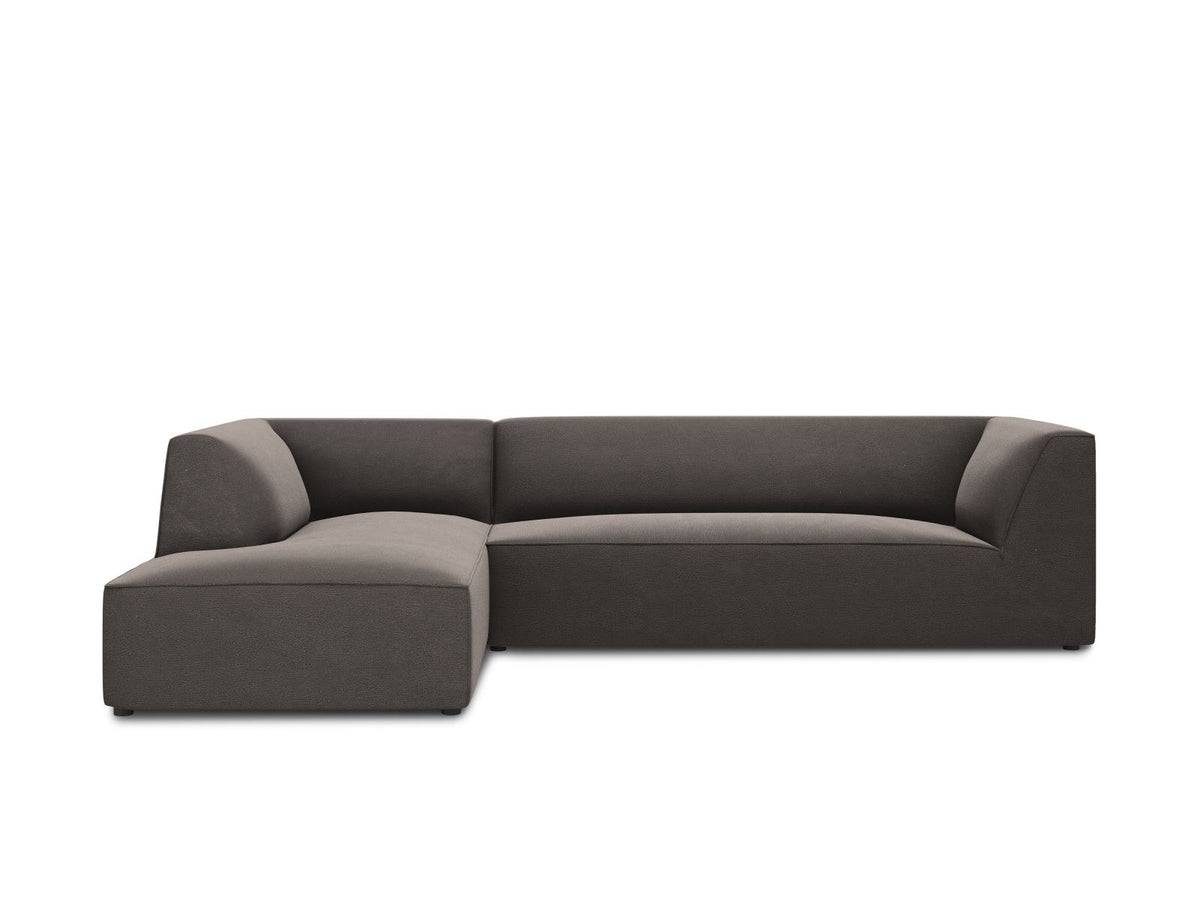 Modulares Ecksofa links in Beige-Salvador Samtstoff, schwarze Kunststoffbeine, Récamiere und gepolsterte Rückenlehne, 4-Sitzer, 180cm Breite.