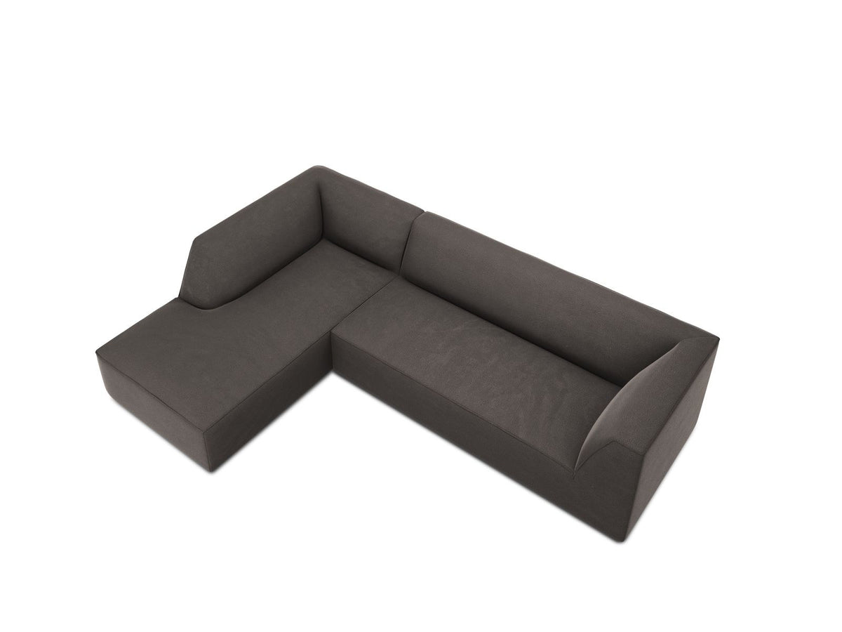 Modulares Ecksofa links in Beige-Salvador Samtstoff, schwarze Kunststoffbeine, Récamiere und gepolsterte Rückenlehne, 4-Sitzer, 180cm Breite.