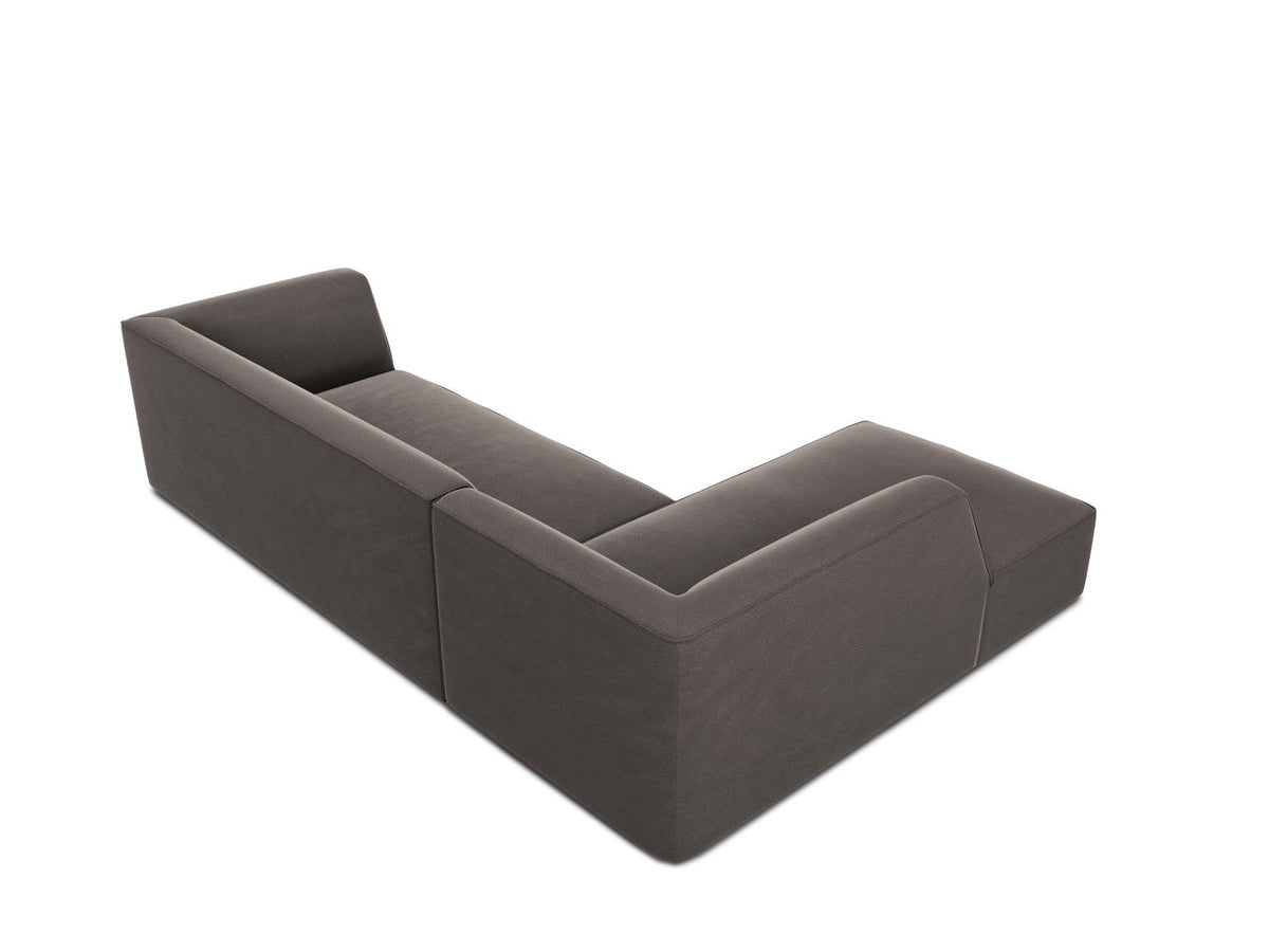 Modulares Ecksofa links in Beige-Salvador Samtstoff, schwarze Kunststoffbeine, Récamiere und gepolsterte Rückenlehne, 4-Sitzer, 180cm Breite.