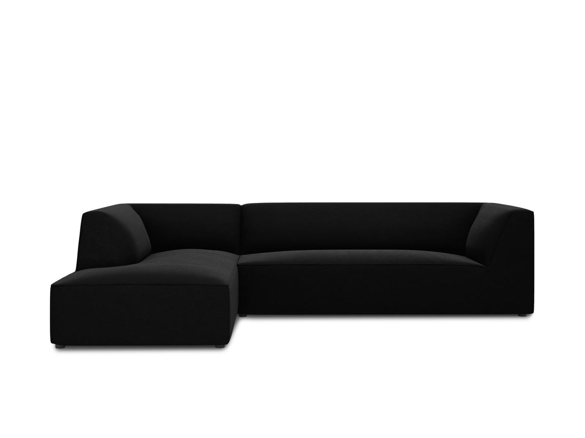 Modulares Ecksofa links in Beige-Salvador Samtstoff, schwarze Kunststoffbeine, Récamiere und gepolsterte Rückenlehne, 4-Sitzer, 180cm Breite.