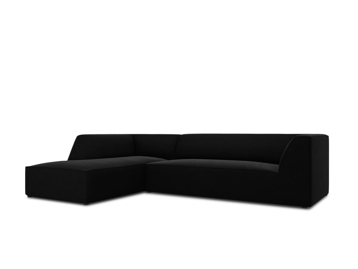 Modulares Ecksofa links in Beige-Salvador Samtstoff, schwarze Kunststoffbeine, Récamiere und gepolsterte Rückenlehne, 4-Sitzer, 180cm Breite.
