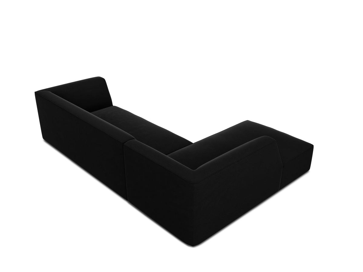 Modulares Ecksofa links in Beige-Salvador Samtstoff, schwarze Kunststoffbeine, Récamiere und gepolsterte Rückenlehne, 4-Sitzer, 180cm Breite.