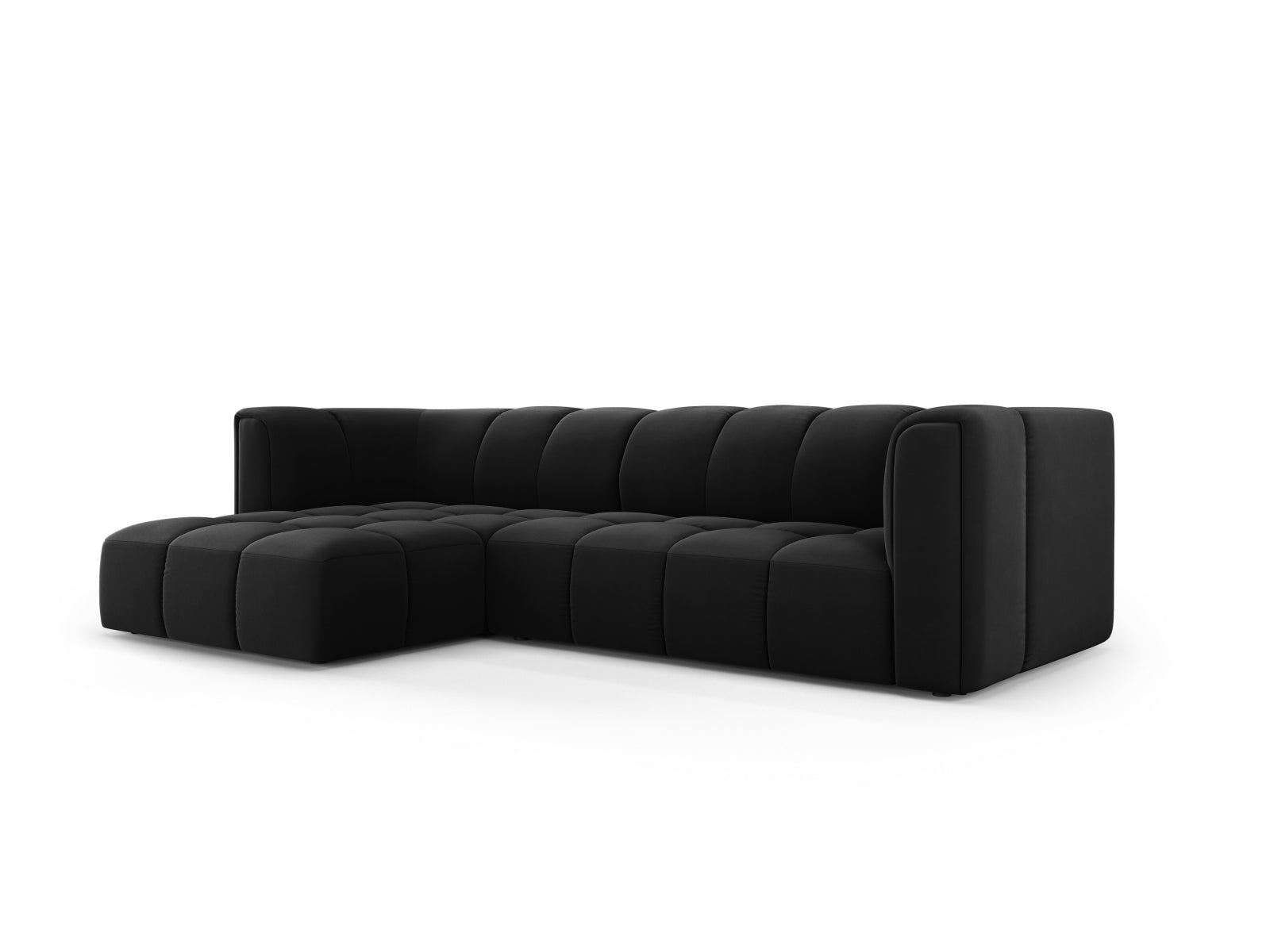 Elegantes 3-Sitzer Ecksofa Moritz in Black-Bluvel, ideal für stilvolle Wohnräume, präsentiert von Cosmopolitan Design.