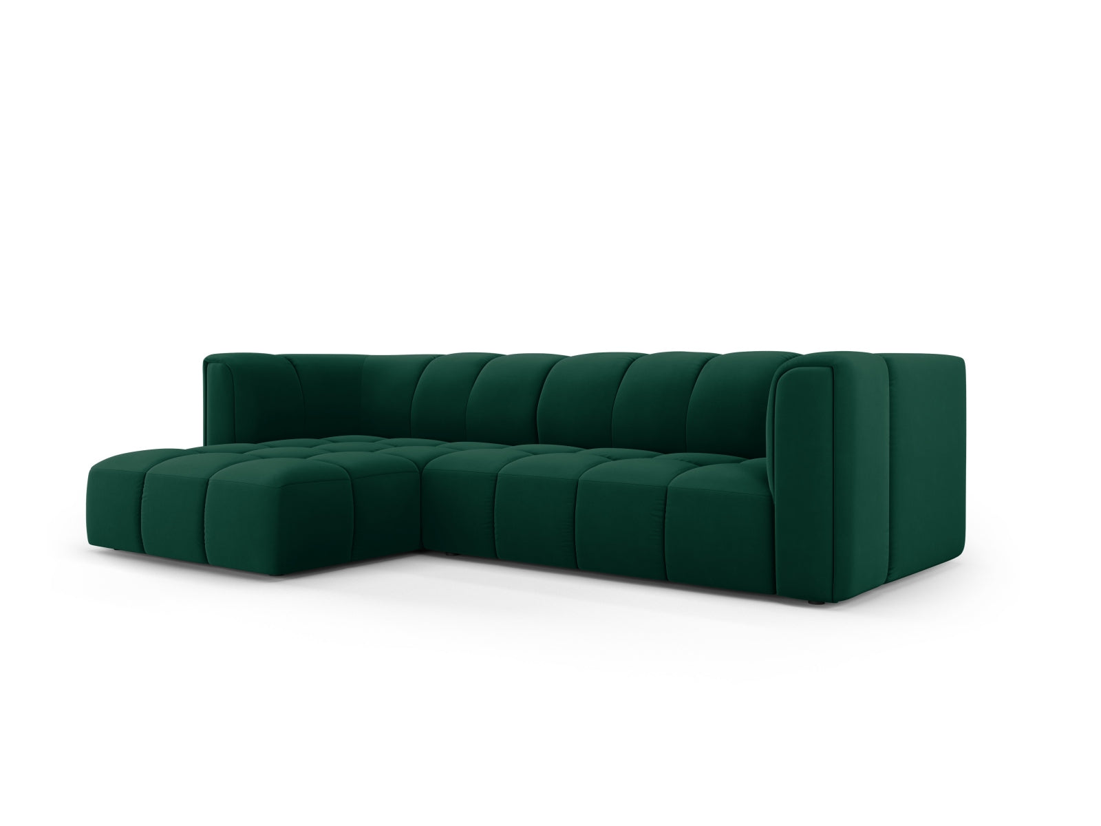 Elegantes 3-Sitzer Ecksofa Moritz in Bottle Green-Bluvel, ideal für stilvolle Wohnräume, präsentiert von Cosmopolitan Design.
