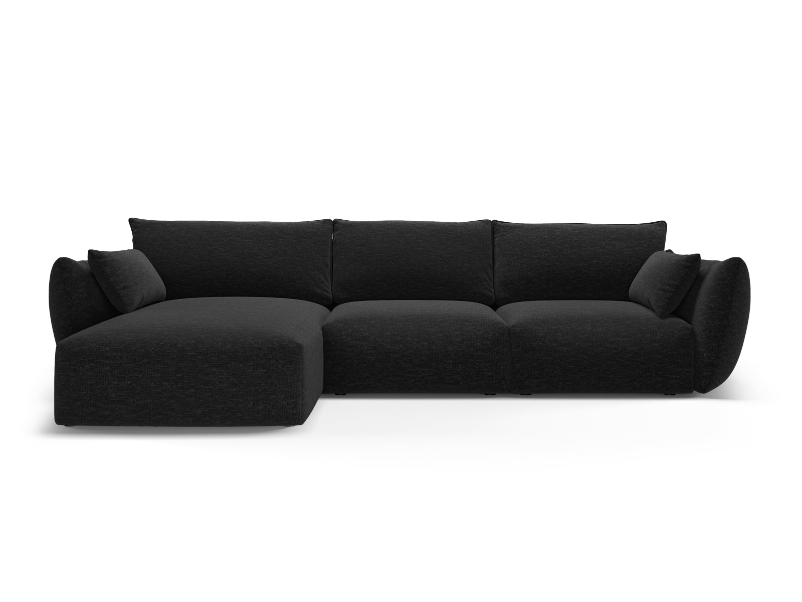 Elegantes 5-Sitzer Ecksofa links Matera in stilvollem Schwarz, ideal für entspannte Stunden und stilvolle Einrichtung.