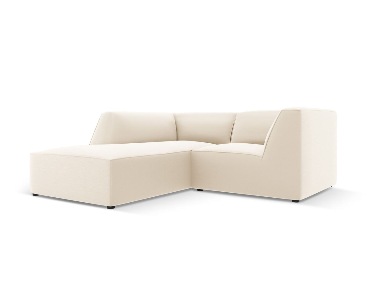 Modulares Ecksofa links Siena in Light Beige-Pacifico mit lederähnlichem Kunstlederbezug, schwarzen Kunststoffbeinen und Récamiere-Form.