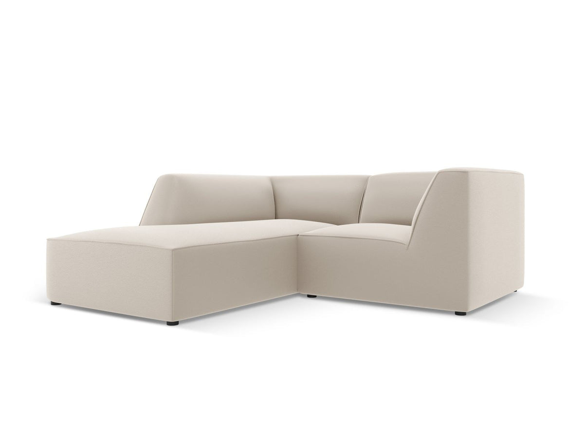 Modulares Ecksofa links Siena in Light Beige-Pacifico mit lederähnlichem Kunstlederbezug, schwarzen Kunststoffbeinen und Récamiere-Form.