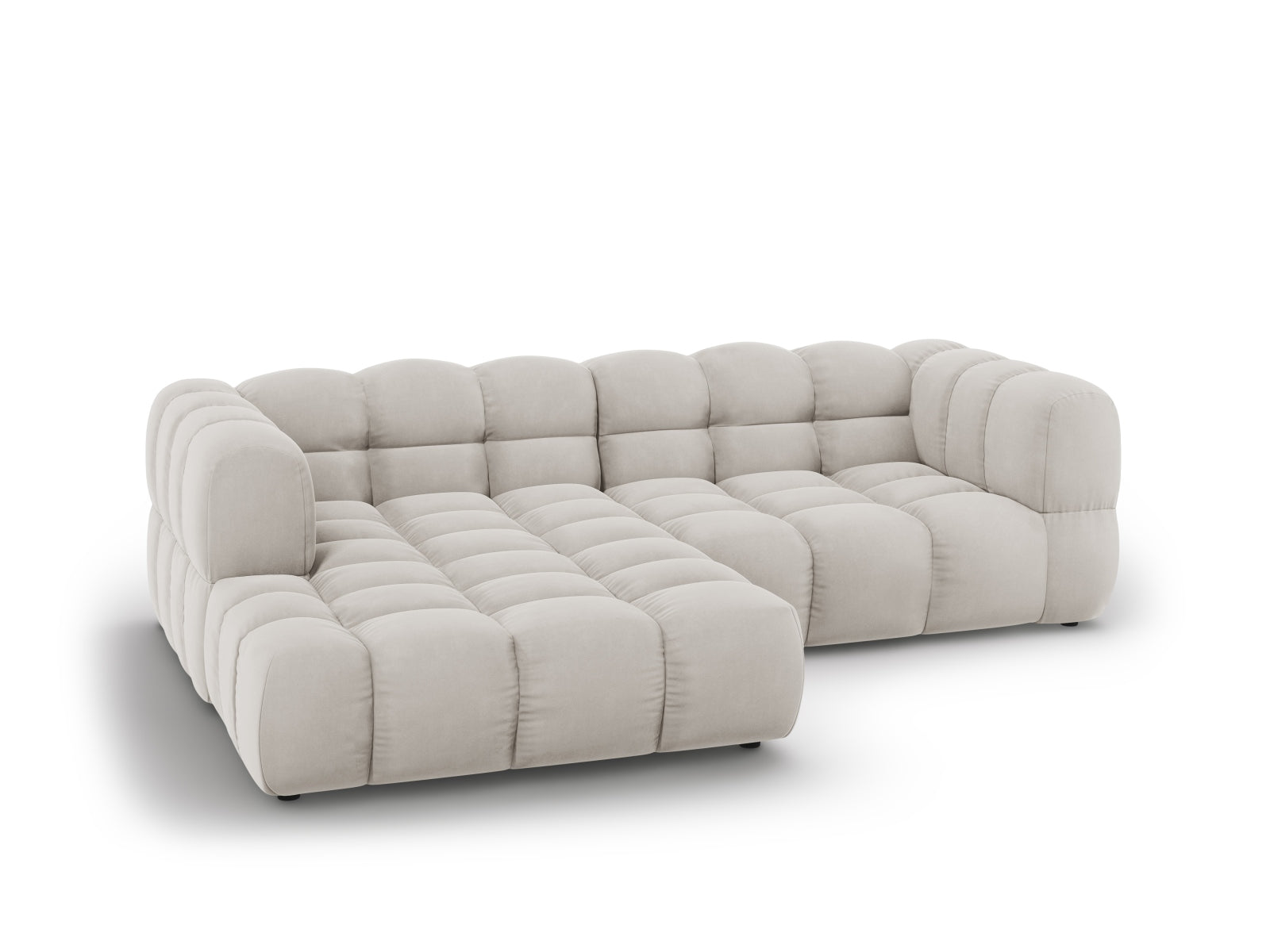 Modulares Ecksofa links im modernen Sky Velour, 3-Sitzer in sanftem Beige, perfekt für gemütliche und stilvolle Wohnlandschaften.
