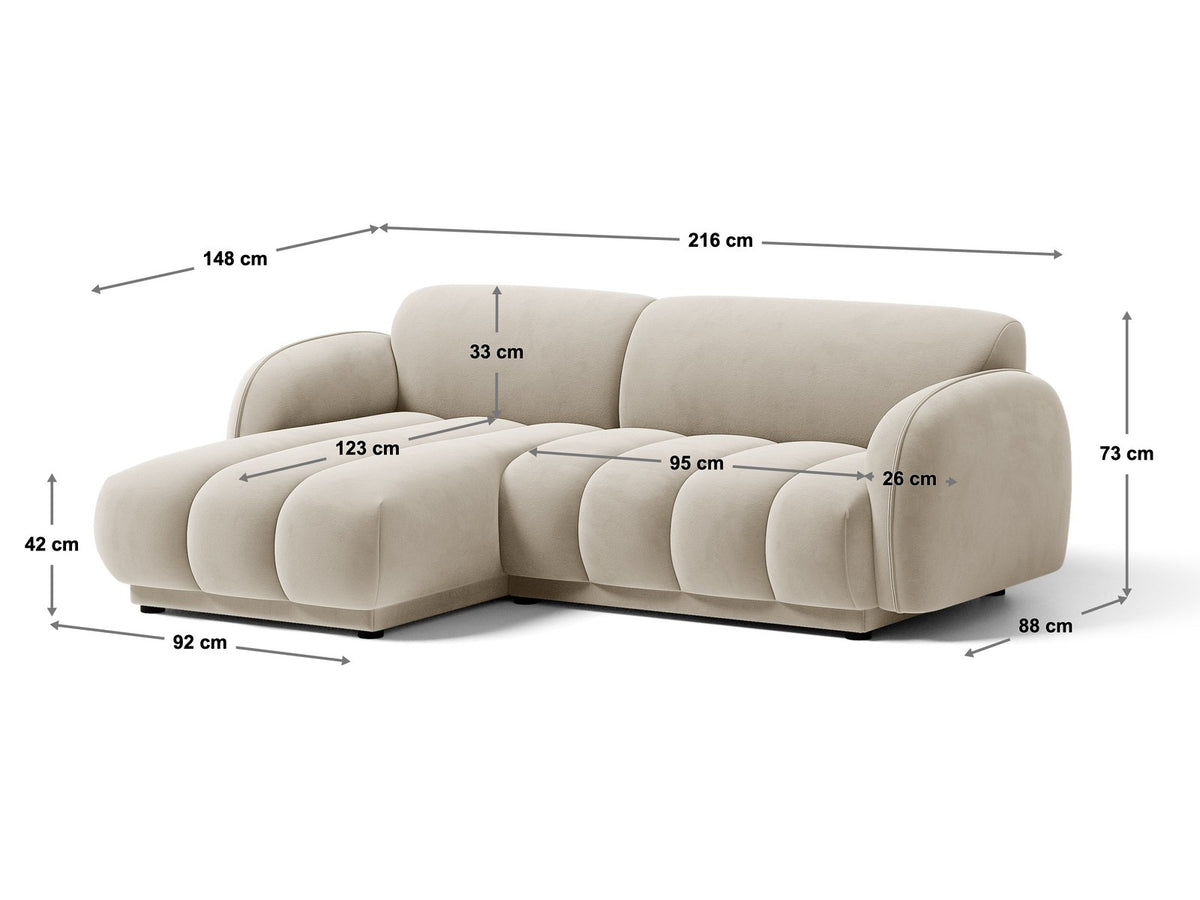 Beige-meliertes Boucle-Ecksofa links mit Récamiere, Massivholzrahmen und schwarzen Kunststoffbeinen, Cosmopolitan Design Bilbao Serie.