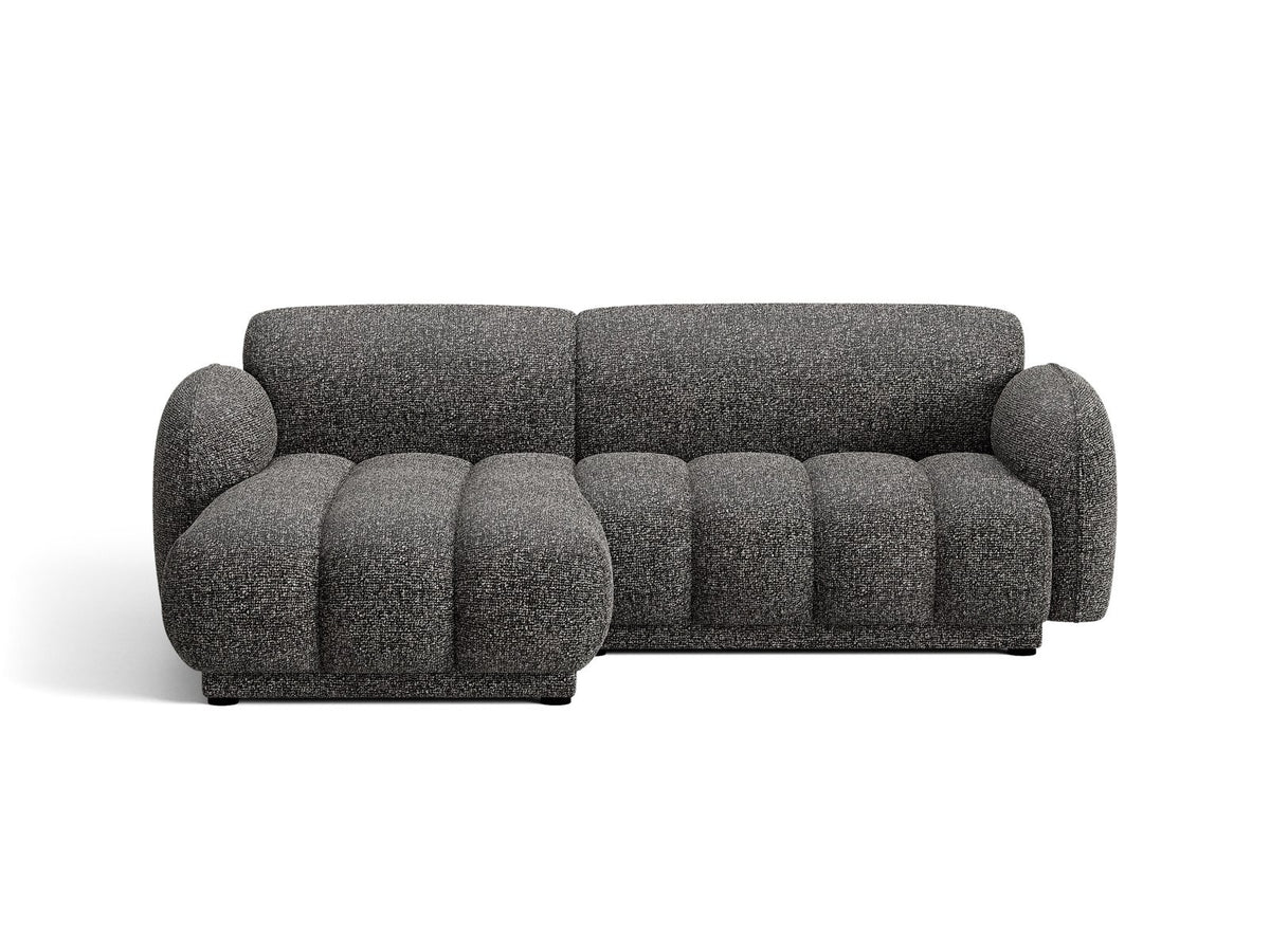 Beige-meliertes Boucle-Ecksofa links mit Récamiere, Massivholzrahmen und schwarzen Kunststoffbeinen, Cosmopolitan Design Bilbao Serie.