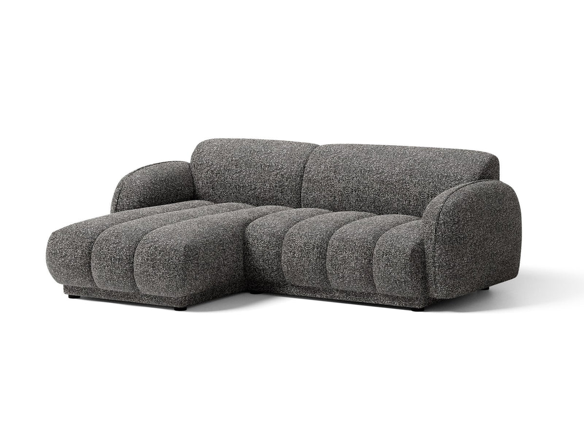 Beige-meliertes Boucle-Ecksofa links mit Récamiere, Massivholzrahmen und schwarzen Kunststoffbeinen, Cosmopolitan Design Bilbao Serie.