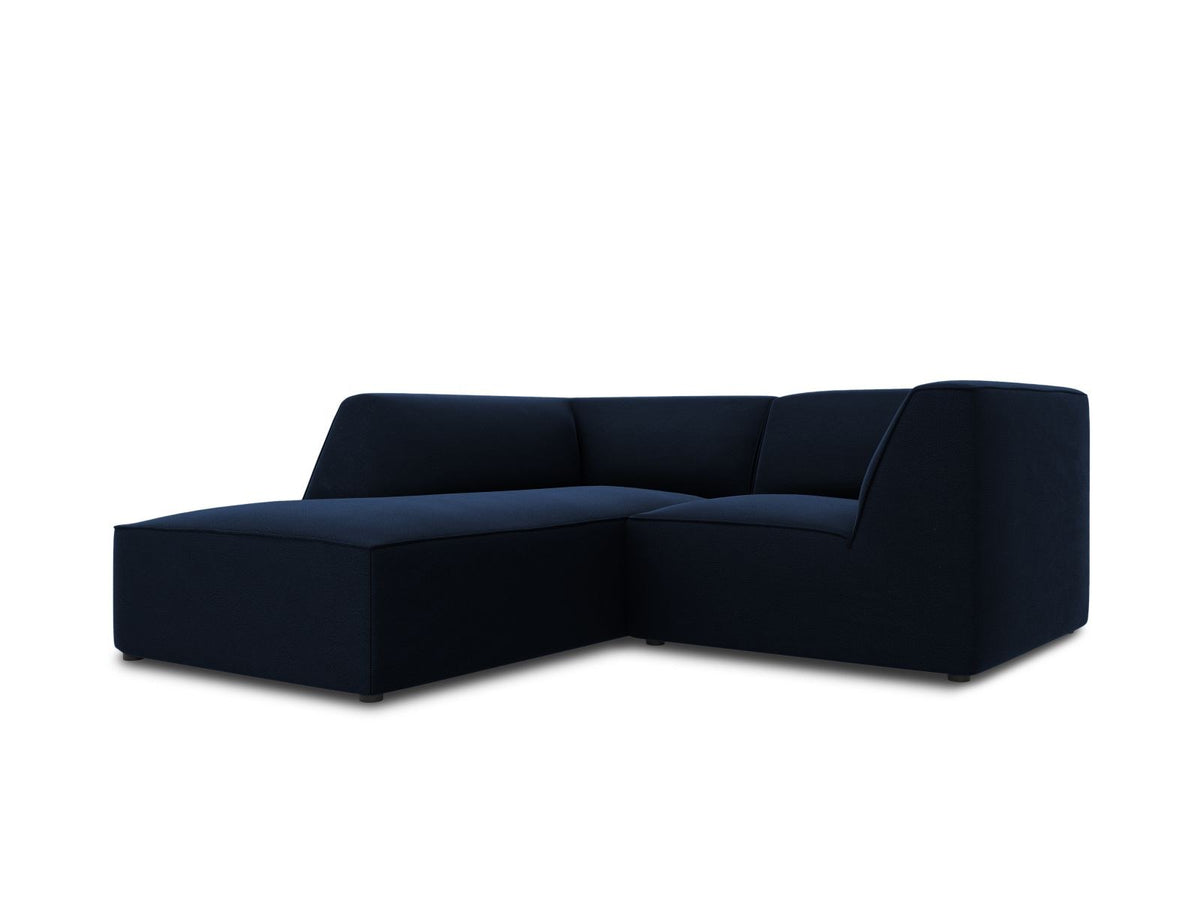 Modulares Ecksofa in Beige-Samt mit Récamiere links, Massivholzrahmen, schwarzen Kunststoffbeinen und weicher Samtpolsterung.