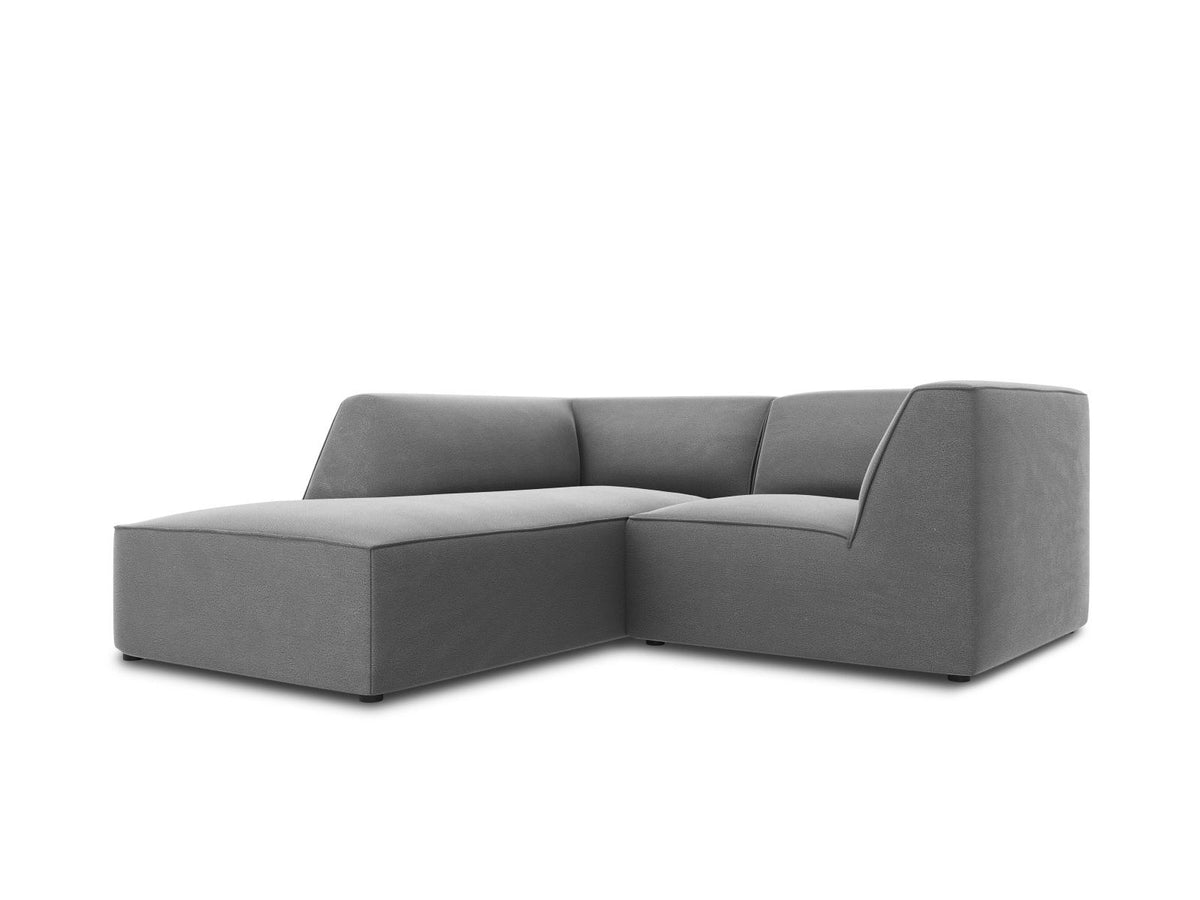 Modulares Ecksofa in Beige-Samt mit Récamiere links, Massivholzrahmen, schwarzen Kunststoffbeinen und weicher Samtpolsterung.
