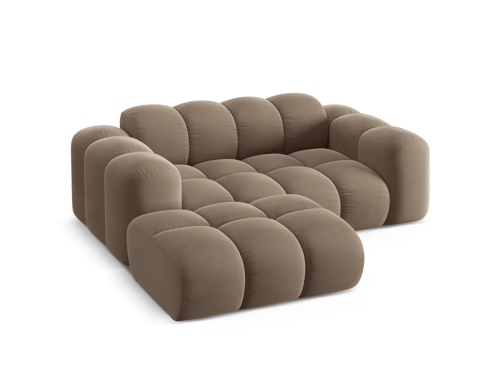 Elegantes 2-Sitzer Ecksofa Treno in hochwertigem Cappuccino-Bluvel, ideal für moderne Wohnräume und entspannte Auszeiten.
