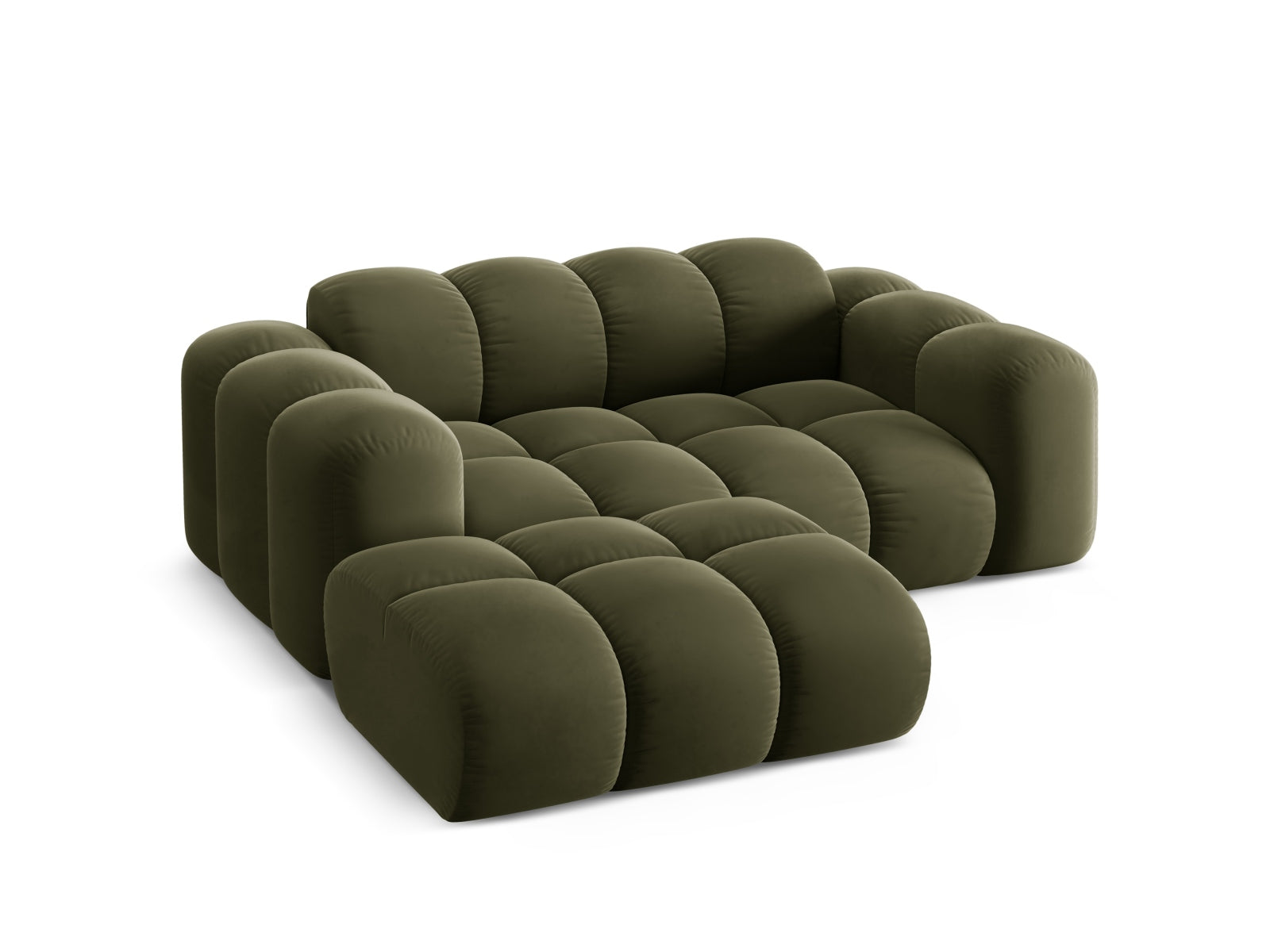Modernes 2-Sitzer Ecksofa Treno in Green-Bluvel, ideal für gemütliche Wohnräume, erhältlich bei Cosmopolitan Design.