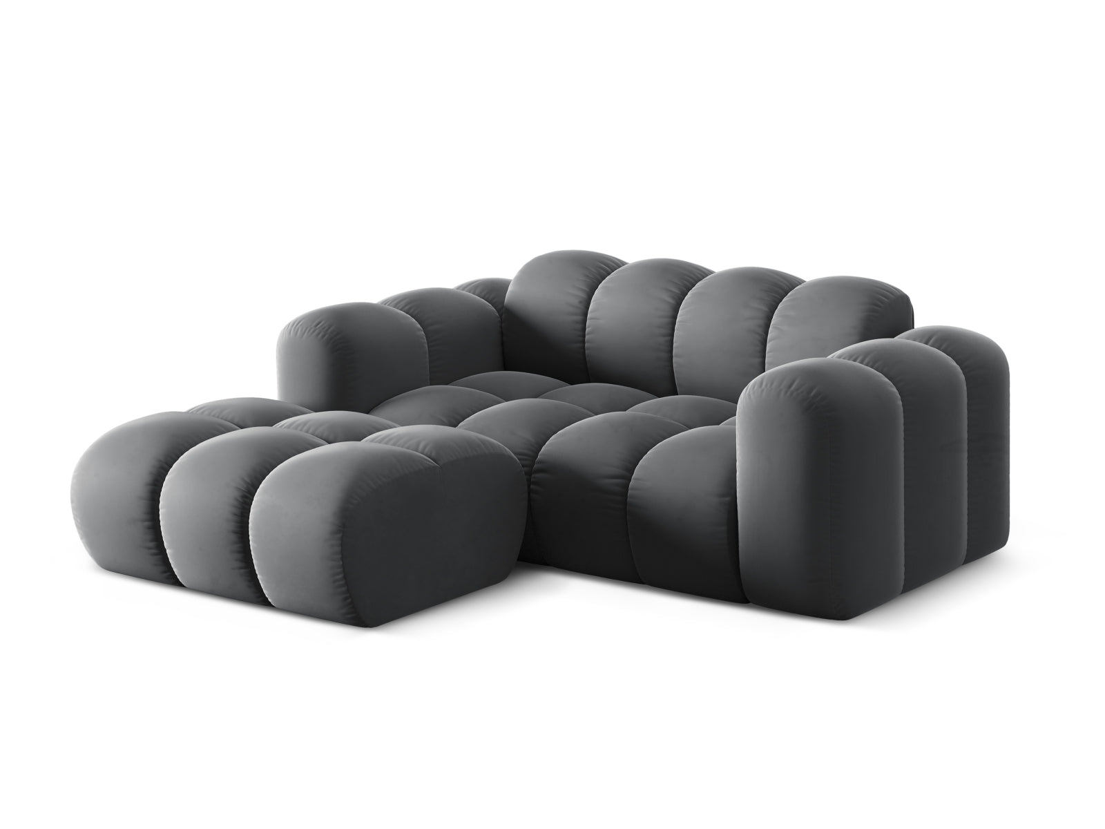 Stylisches 2-Sitzer Ecksofa Treno in Grau-Bluvel, ideal für moderne Wohnräume, präsentiert von Cosmopolitan Design.