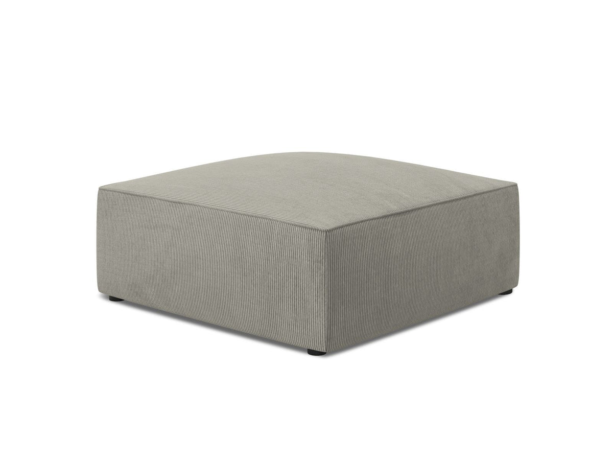 Runder Pouf mit hellblauem Cordstoff-Bezug, schwarzen Kunststoffbeinen und Massivholzrahmen, Modell Siena von Cosmopolitan Design.