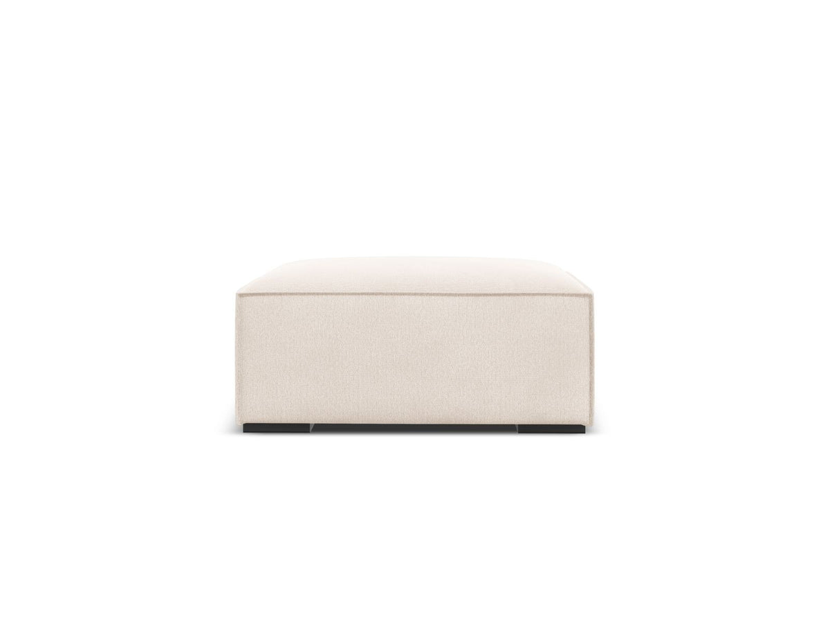 Runder Pouf Turin in Light Beige-Rosario mit Chenille-Bezug, Massivholzrahmen aus Kiefer und Beinen aus schwarzem Buchenholz, Masse 100x100x39cm.