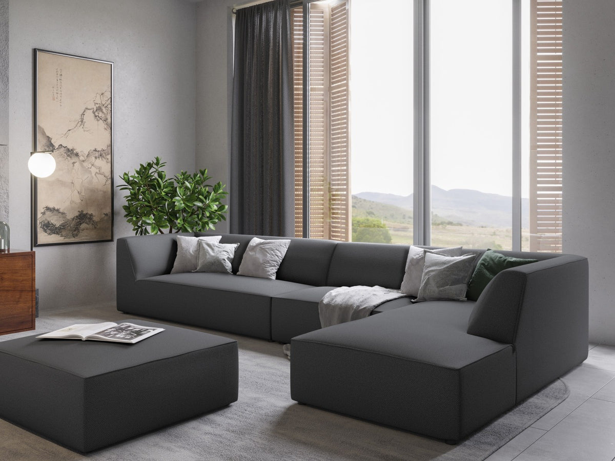 Runder Pouf mit hellblauem Cordstoff-Bezug, schwarzen Kunststoffbeinen und Massivholzrahmen, Modell Siena von Cosmopolitan Design.