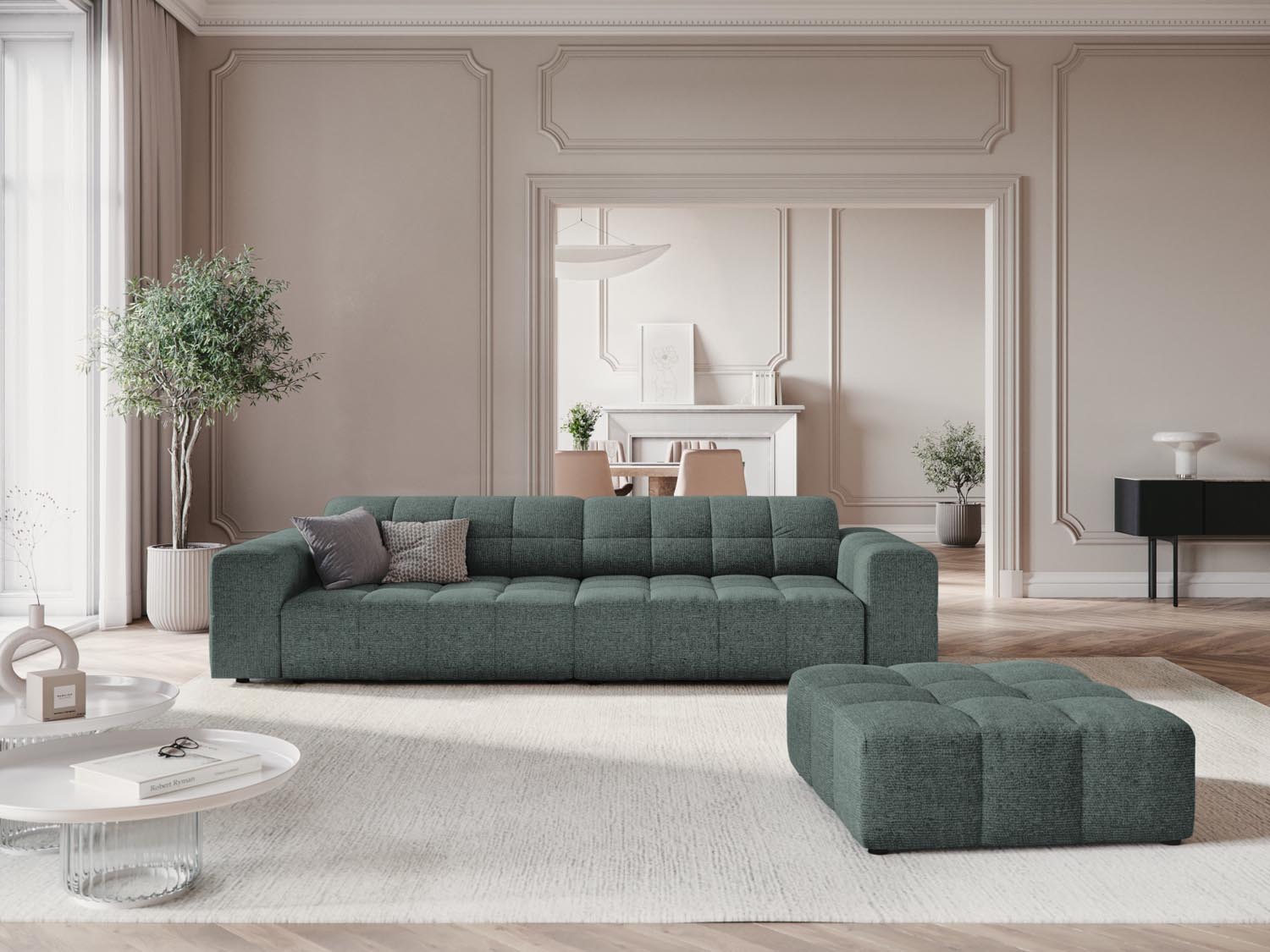 Stylischer Chicago Pouf in Petrol-Haga, 80 cm Durchmesser, ideal für modernes Wohndesign und gemütliche Sitzgelegenheiten.